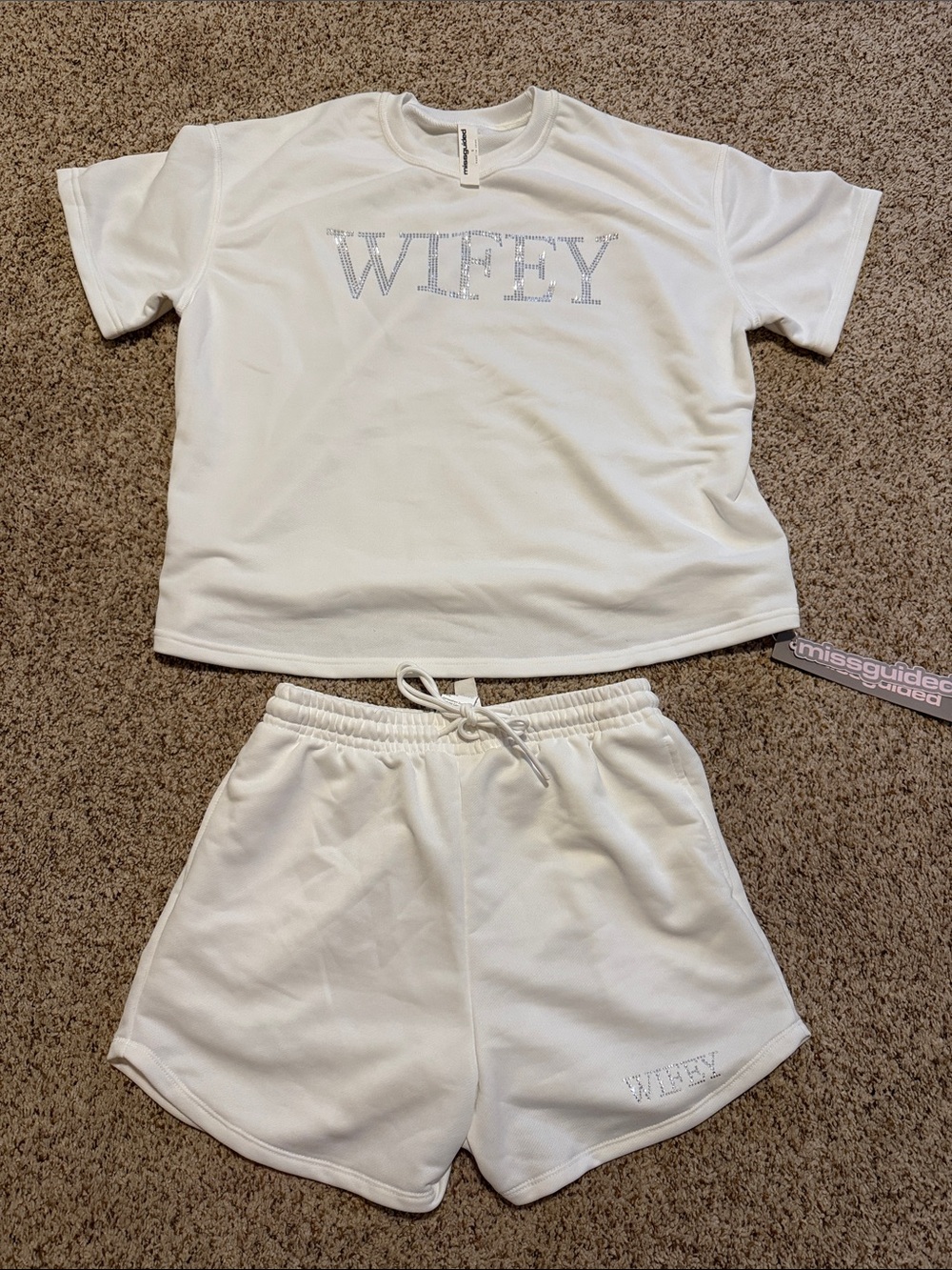 Missguided + White Rhinestone "Wifey" Lounge Tee & Shorts Set